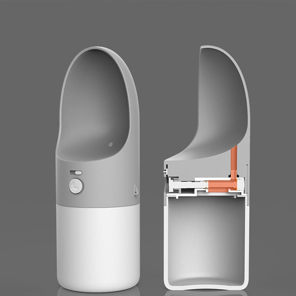 INSTACHEW Rover gray and white pet travel bottle front view and transparent side view showing internal panel on dark gray background