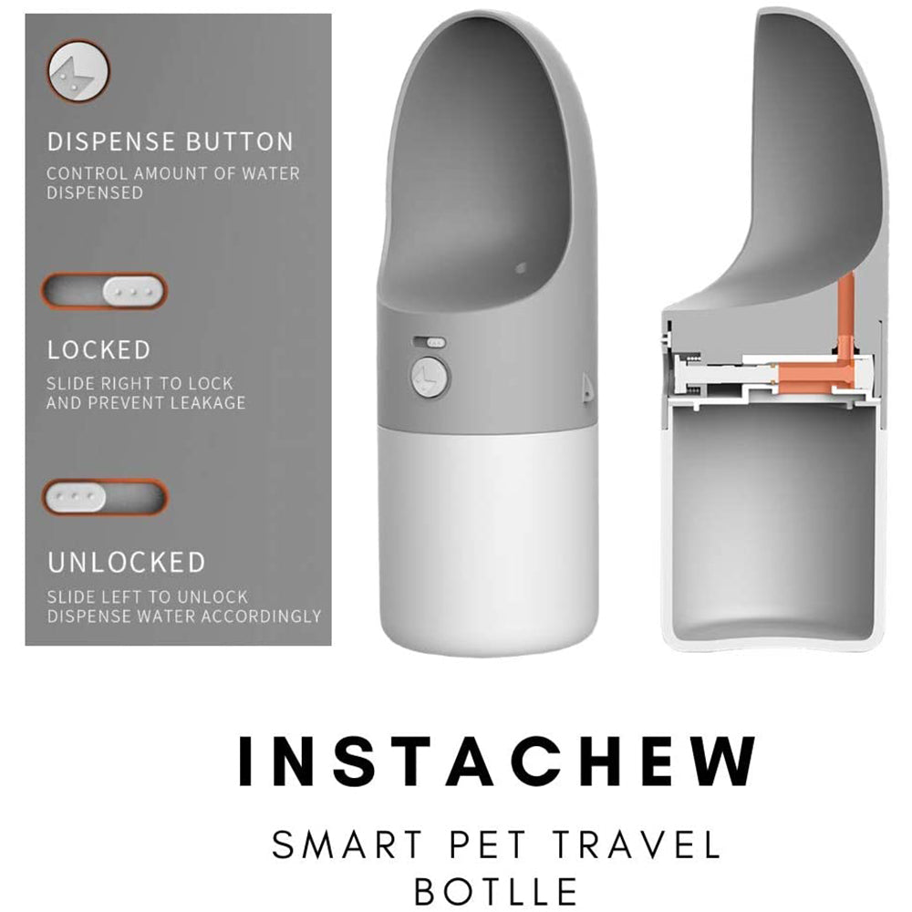 INSTACHEW Smart Pet Travel Bottle infographic showing dispense button locked and unlocked modes with cutaway view