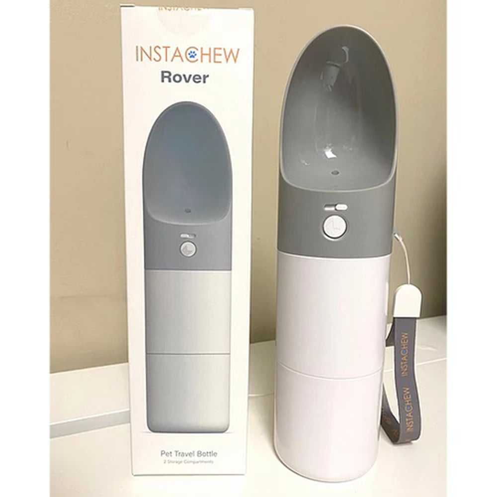 INSTACHEW Rover pet travel bottle gray alongside its retail packaging box on beige background