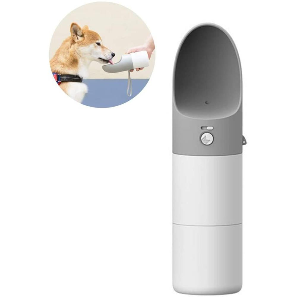 INSTACHEW Rover gray pet travel water bottle with Shiba Inu dog drinking lifestyle inset on white background