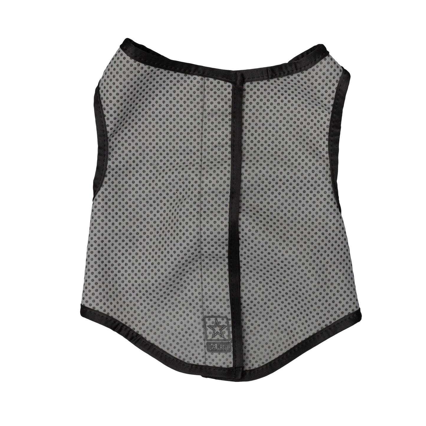 US Army grey mesh dog cooling vest with black trim and UV protection on white background