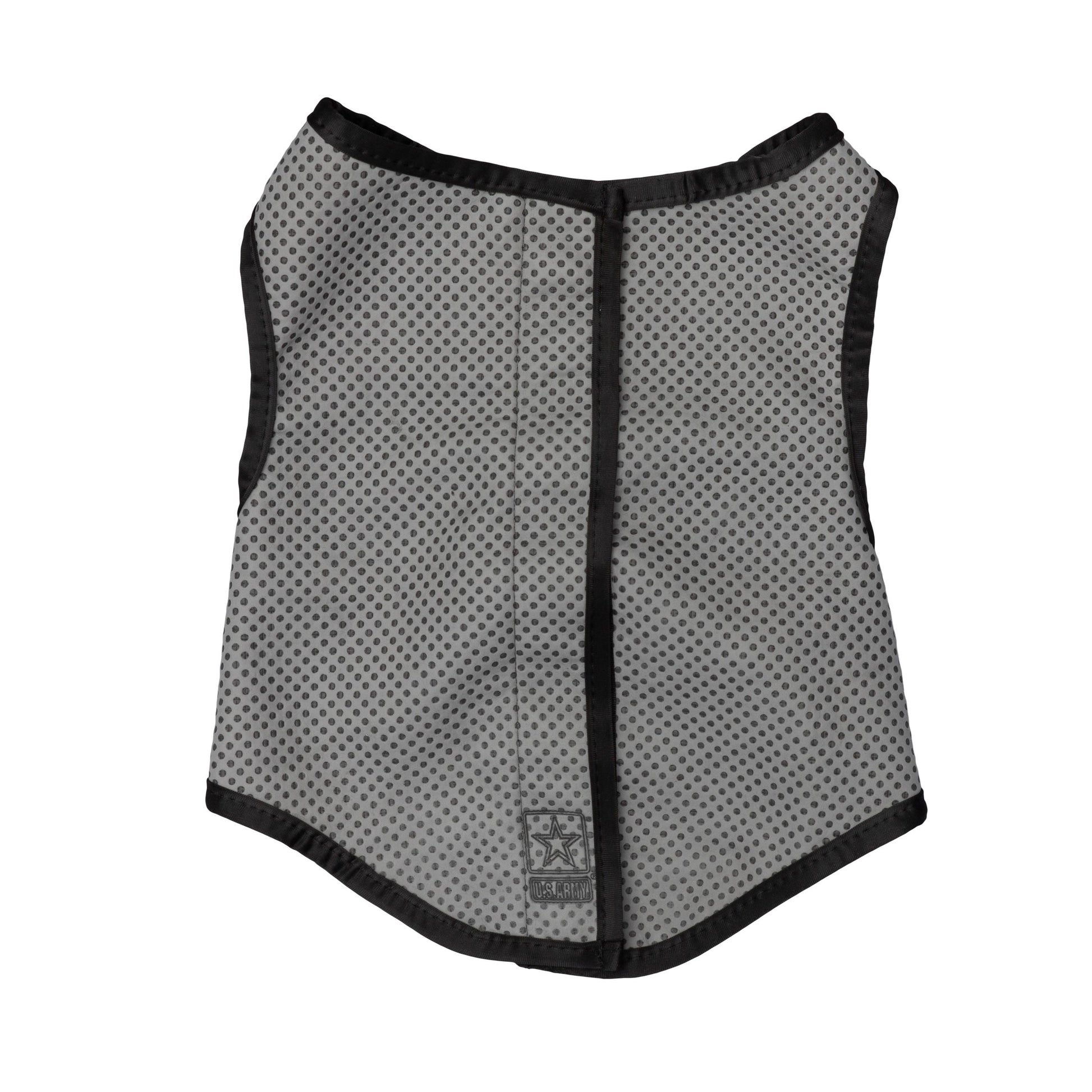 US Army grey mesh dog cooling vest with black trim and UV protection on white background
