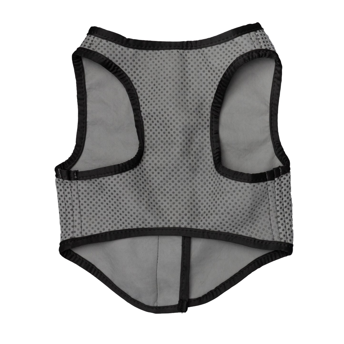 Front view of grey US Army dog cooling vest with black side panels and mesh ventilation on white background