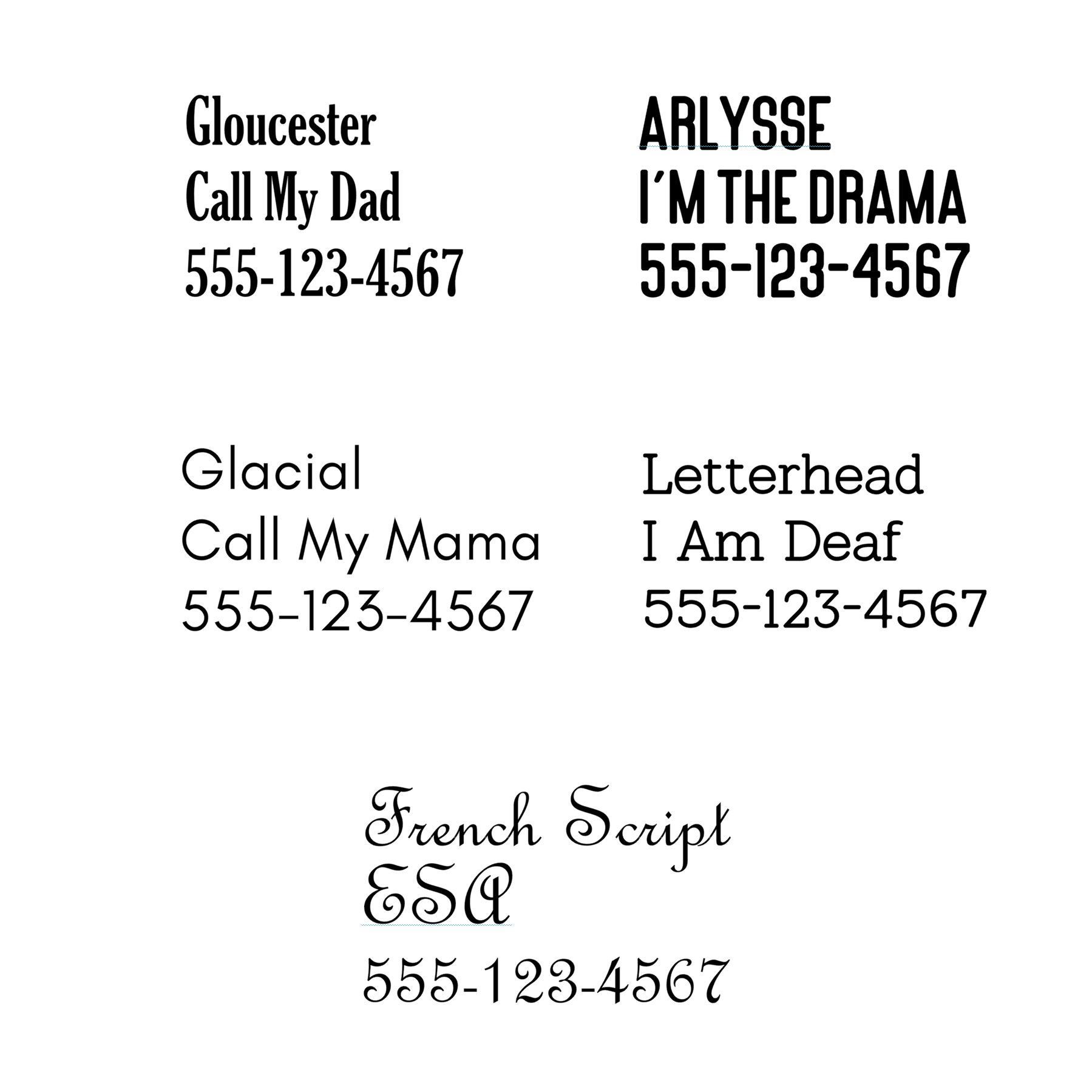 Font options for custom pet ID tag engraving: glacial, french script, letterhead, gloucester and more