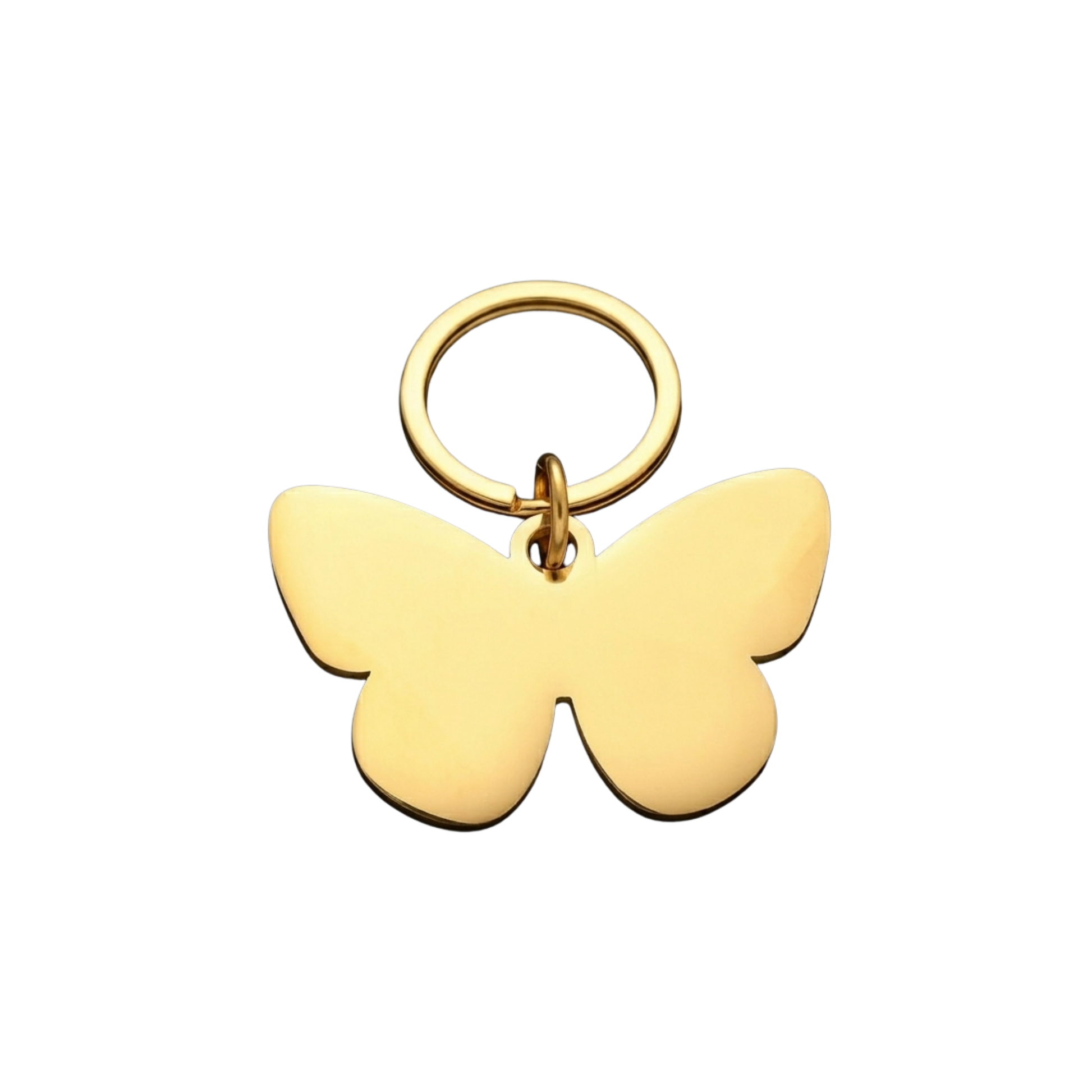 Butterfly-shaped pet ID tag in heritage gold stainless steel, hypoallergenic and laser-engraved