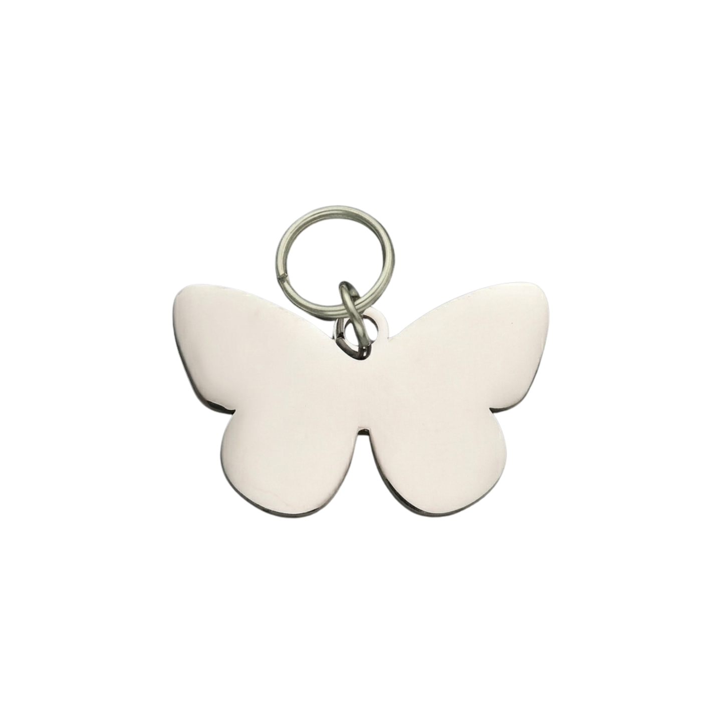 Minimalist butterfly pet ID tag in polished silver stainless steel for dogs and cats