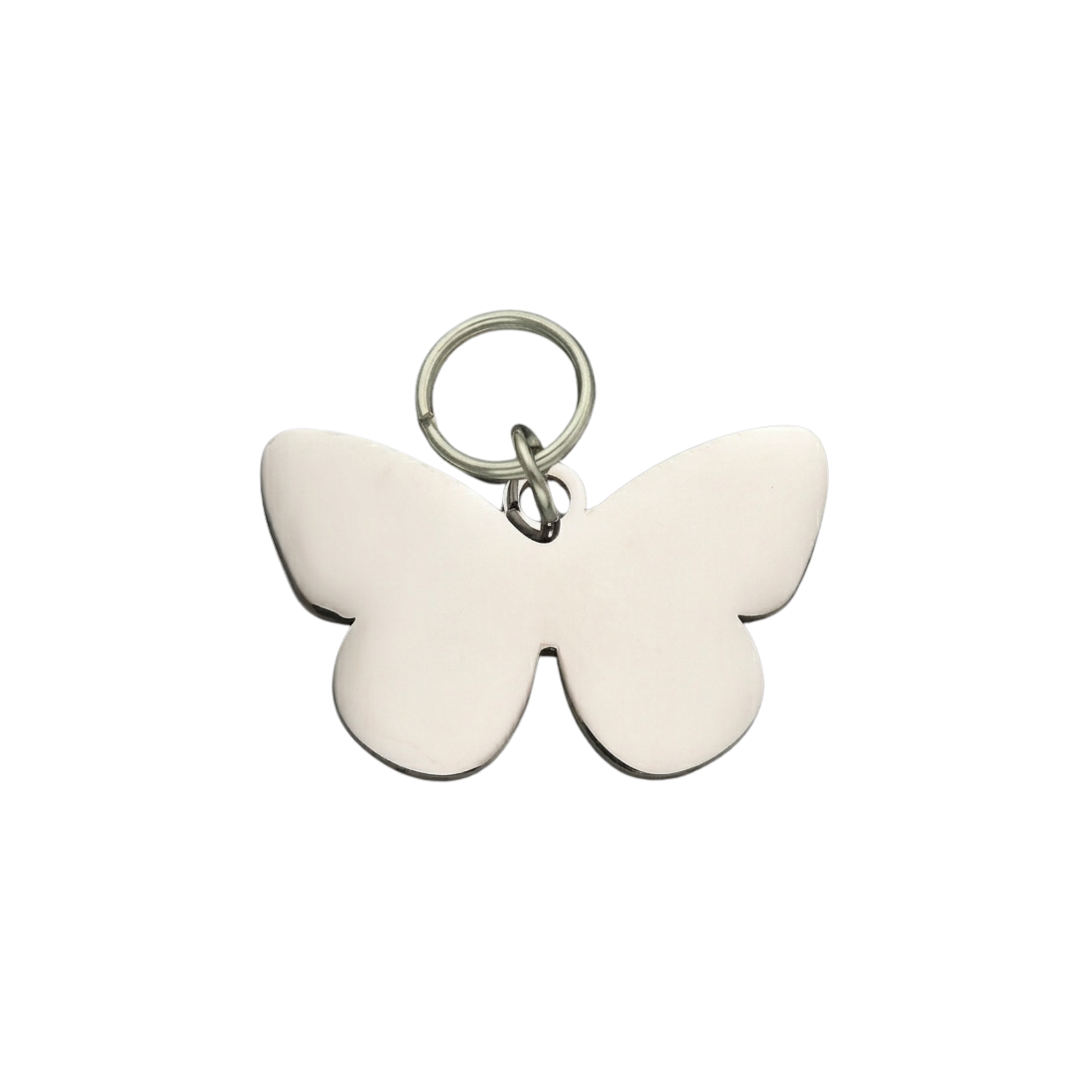 Minimalist butterfly pet ID tag in polished silver stainless steel for dogs and cats