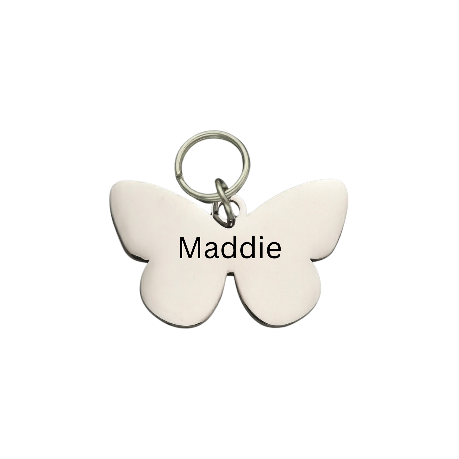 Custom butterfly pet ID tag in polished silver with engraved dog name Maddie