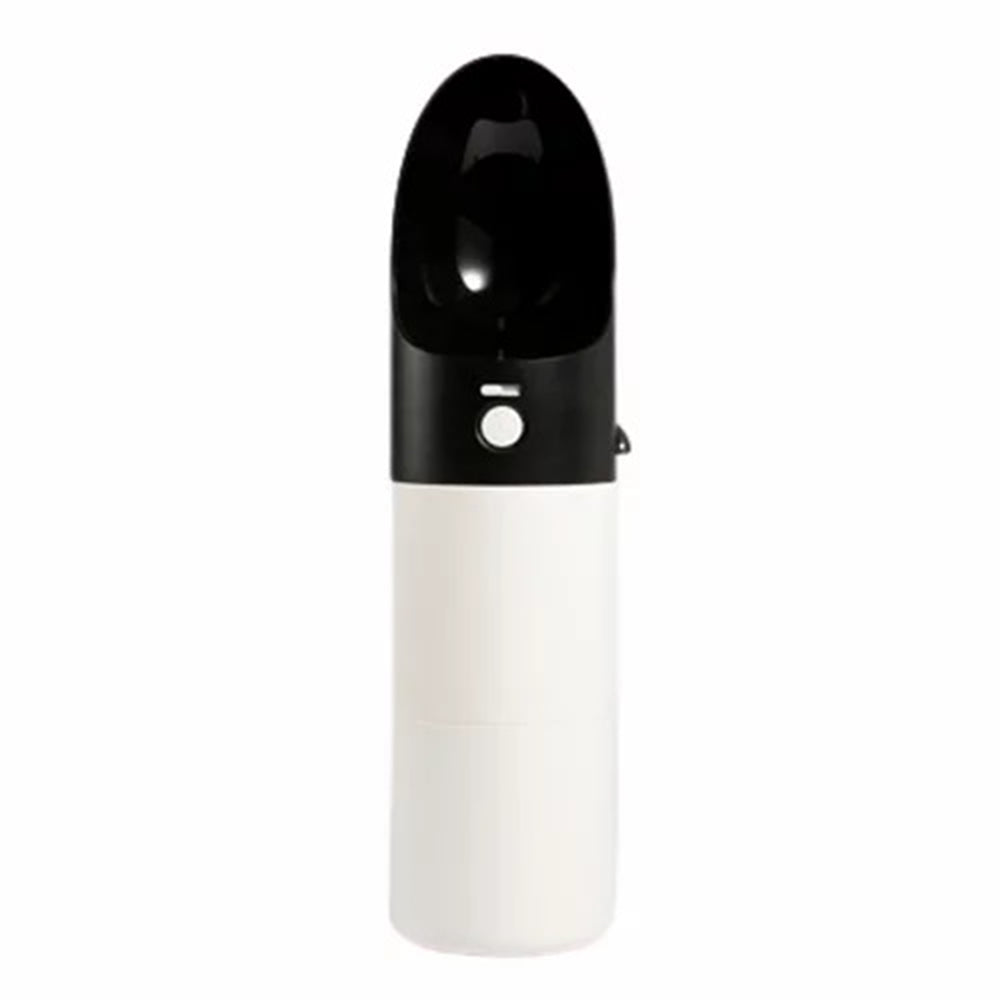 Instachew Rover pet travel bottle in black and white colorway front view showing button dispenser on white background
