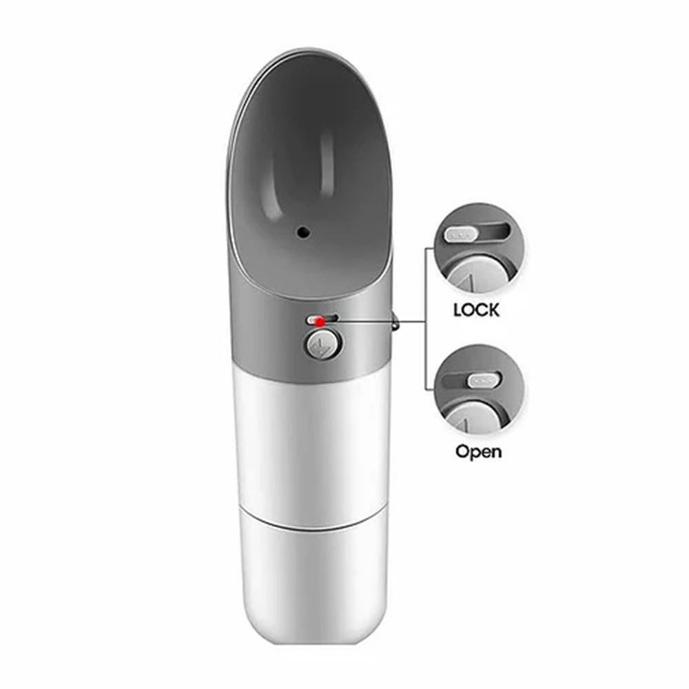 INSTACHEW Rover gray and silver pet travel bottle with lock and open button indicators on white background