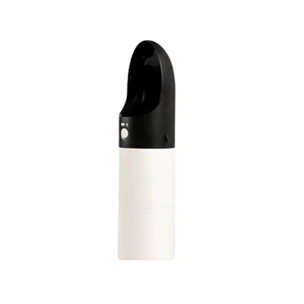 Instachew Rover pet travel bottle black and white angled view showing BPA-free construction and dispenser button