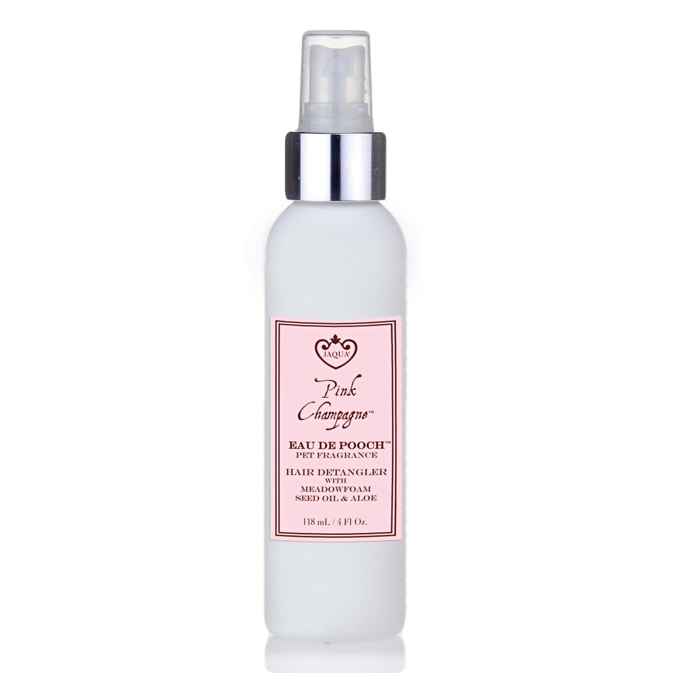 Pink Champagne Eau de Pooch pet fragrance spray bottle with pink label on white background