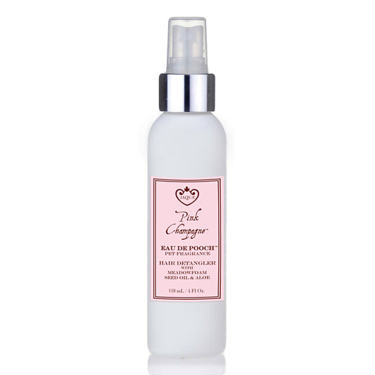 Pink Champagne Eau de Pooch pet fragrance spray bottle with pink label on white background